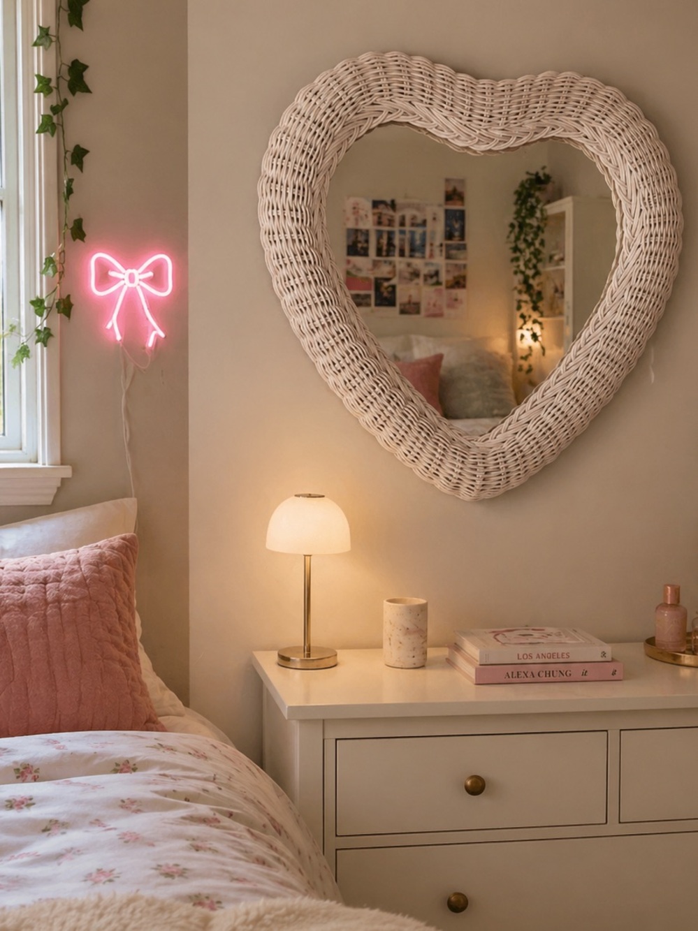 Vintage 70’s/80’s Heart-Shaped Boho Coastal Wicker Rattan Mirror